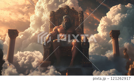 ゼウスが雲の上の玉座に座る 121262917