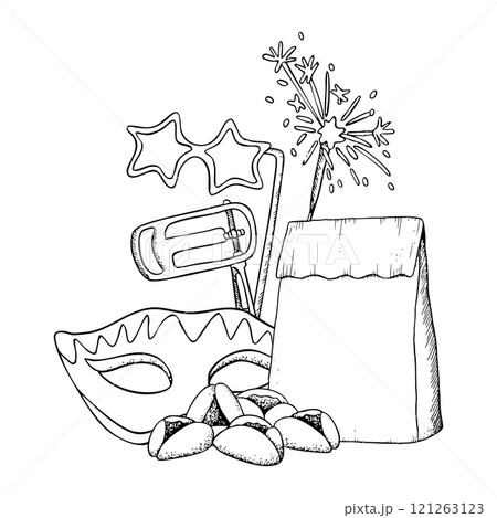 Happy Purim Mishloah manot, food basket and symbols black and white vector illustration with hamantaschen cookies, raashan, masks and sparklers. Hand drawn line in composition for kids coloring book 121263123