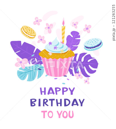 Happy Birthday Card with Cupcake, Macarons, and Flowers 121263255
