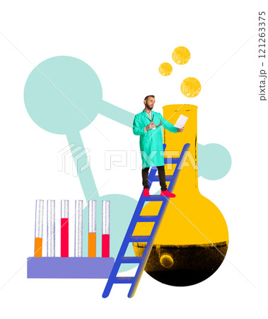 Male scientist in lab coat stands on ladder beside large flask. Test tubes and on background. Contemporary art collage. Male scientist in lab coat stands on ladder beside large flask. Test tubes and on background. Contemporary art collage. 121263375