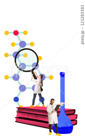 Female scientist using magnifying glass to examine abstract molecular structure. Man analyzing documents near large lab flask. Contemporary art collage. Female scientist using magnifying glass to examine abstract molecular structure. Man analyzing documents near large lab flask. Contemporary art collage. 121263381