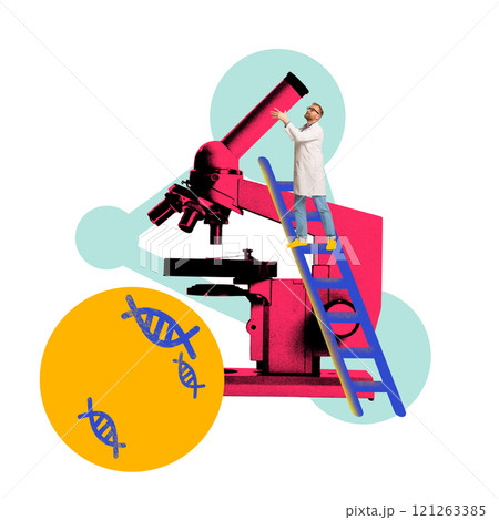 Man in lab coat, scientist standing on blue ladder while interacting with oversized red microscope, accompanied by DNA icons. Contemporary art collage. Man in lab coat, scientist standing on blue ladder while interacting with oversized red microscope, accompanied by DNA icons. Contemporary art collage. 121263385