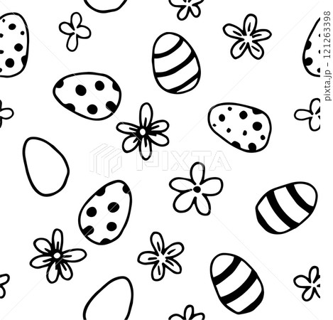 cute seamless pattern with easter eggs and flowers. simple print in doodle style. coloring book 121263398
