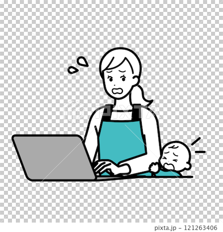 Illustration of a housewife who is troubled by her baby crying while using a computer 121263406