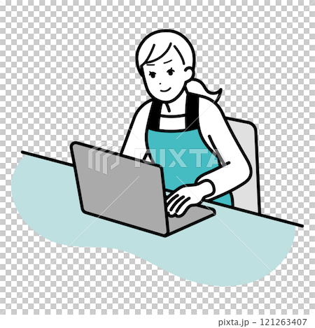 Illustration of a housewife operating a computer Illustration of a housewife operating a computer 121263407