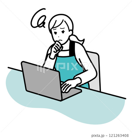 悩みながらパソコン操作をする主婦のイラスト 悩みながらパソコン操作をする主婦のイラスト 121263408