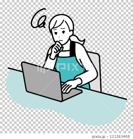悩みながらパソコン操作をする主婦のイラスト 悩みながらパソコン操作をする主婦のイラスト 121263408