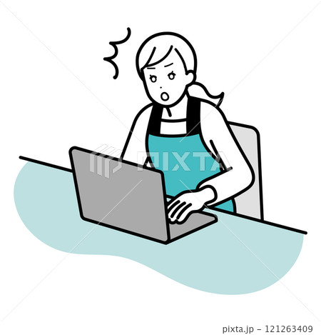 パソコン操作中に驚く主婦のイラスト パソコン操作中に驚く主婦のイラスト 121263409