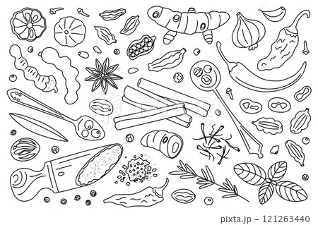 Spices vector illustration. Black and white doodle set of spices, herbs, and seasoning. Cartoon style, flat design, outline pepper, cinnamon, star anise, garlic, saffron, chili, cardamom, cloves Spices vector illustration. Black and white doodle set of spices, herbs, and seasoning. Cartoon style, flat design, outline pepper, cinnamon, star anise, garlic, saffron, chili, cardamom, cloves 121263440