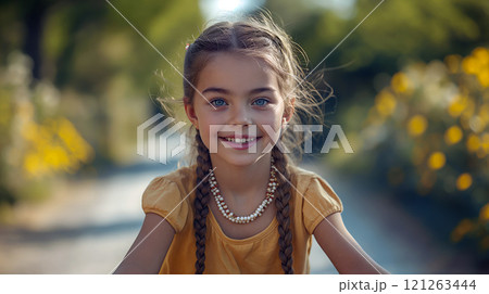 A smiling girl with braided hair enjoys a sunny day surrounded by flowers in a lush garden 121263444