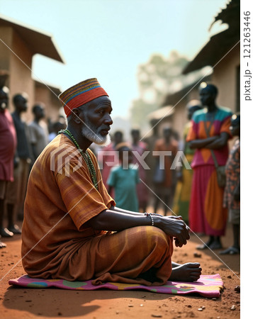 Elder african griot sitting peacefully in traditional attire surrounded by community members in a vibrant village setting 121263446