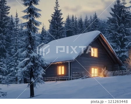 beautiful winter landscape with small country house 121263448