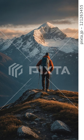 A male climber stands on the top of a mountain and looks at the yet unconquered peaks. 121263455