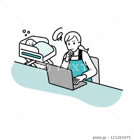 悩みながらパソコン操作をする主婦のイラスト 121263475
