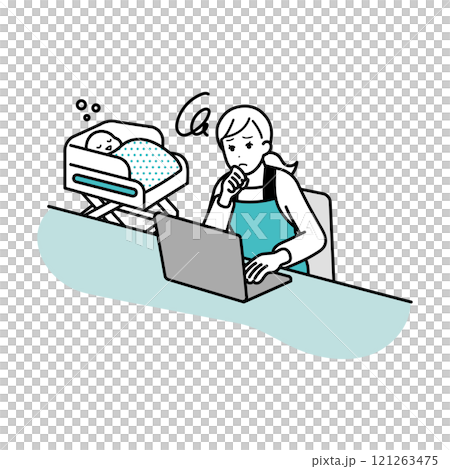 悩みながらパソコン操作をする主婦のイラスト 121263475