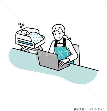 パソコンを操作する主婦のイラスト 121263476