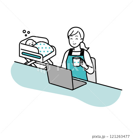 パソコン操作中に休憩する主婦のイラスト 121263477