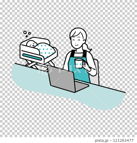 パソコン操作中に休憩する主婦のイラスト 121263477