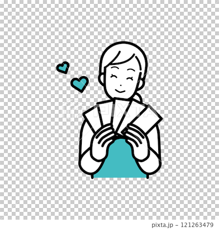 Illustration of a smiling housewife earning money Illustration of a smiling housewife earning money 121263479