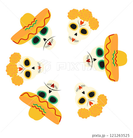 Painted Skulls in sombrero with mustache and marigolds wreath Circle Frame Day of the dead template 121263525