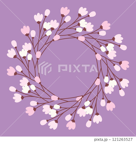 Blooming sprig Circle Frame border in trendy shades Spring Copy space template on lavender backdrop Blooming sprig Circle Frame border in trendy shades Spring Copy space template on lavender backdrop 121263527