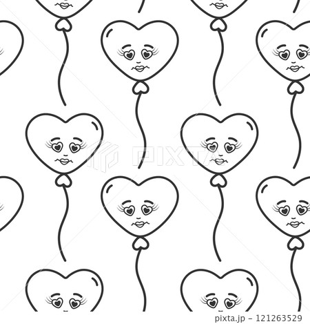 Outline Heart shaped balloons on rope with drawn smiley Black and white Seamless Pattern Background 121263529