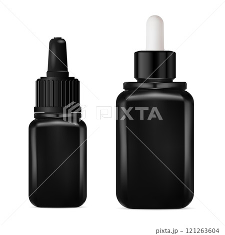 Black glass cosmetic serum dropper bottle set. Pipette jar 121263604