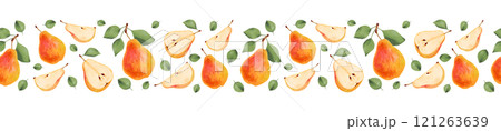 Half, whole, yellow pear slices with leaves. Fruit seamless border. Marker and watercolor illustration. Hand drawn isolated art. Horizontal banner or frame for farmer market design, packaging. Half, whole, yellow pear slices with leaves. Fruit seamless border. Marker and watercolor illustration. Hand drawn isolated art. Horizontal banner or frame for farmer market design, packaging. 121263639