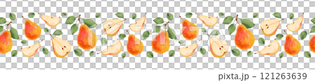 Half, whole, yellow pear slices with leaves. Fruit seamless border. Marker and watercolor illustration. Hand drawn isolated art. Horizontal banner or frame for farmer market design, packaging. Half, whole, yellow pear slices with leaves. Fruit seamless border. Marker and watercolor illustration. Hand drawn isolated art. Horizontal banner or frame for farmer market design, packaging. 121263639