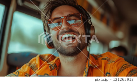 Cheerful commuter singing while listening music on headphones in a bus. High quality illustration 121263918