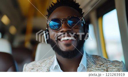 Cheerful commuter singing while listening music on headphones in a bus. High quality illustration 121263919