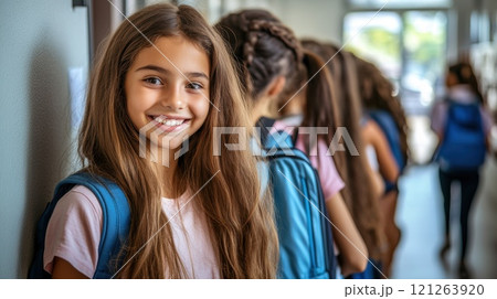 Happy school kids greeting their teacher while entering in classroom. High quality illustration 121263920