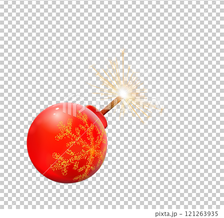 Red Christmas ball realistic bomb with burning fuse. Bauble, Xmas glass colorful decoration isolated. Emitting sparks, ready for explode. Transparent Png. Red Christmas ball realistic bomb with burning fuse. Bauble, Xmas glass colorful decoration isolated. Emitting sparks, ready for explode. Transparent Png. 121263935