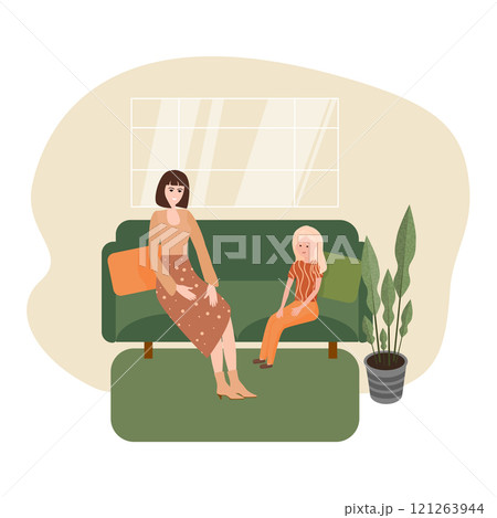 Specialist woman sitting on sofa in office and talking to girl Specialist woman sitting on sofa in office and talking to girl 121263944