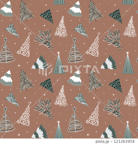 Stylized Christmas trees on a mocha background with stars and snow Stylized Christmas trees on a mocha background with stars and snow 121263958