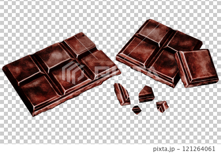 Chocolate bar watercolor set. Hand drawn slice of dark chocolate bar on isolated white background. Clip art of sweet dessert. Ideal for logo and packaging of sweets, coffee shop menu and recipes 121264061