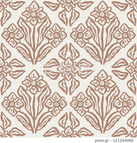 Inky brush strokes brown flowers seamless pattern damask style 121264066