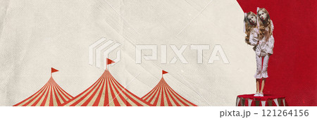 Vintage-style circus design of two-headed girl standing on stage with striped circus tents in t background, evoking surreal and theatrical atmosphere. Vintage-style circus design of two-headed girl standing on stage with striped circus tents in t background, evoking surreal and theatrical atmosphere. 121264156