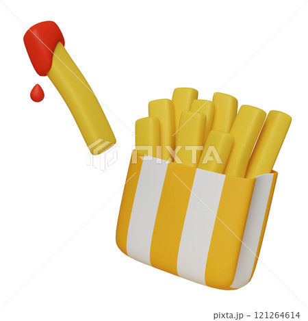 french fries in yellow striped packaging 3D graphic 121264614