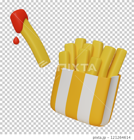 french fries in yellow striped packaging 3D graphic 121264614