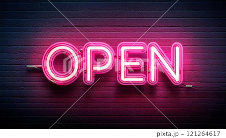 ピンク色に光るネオンサインOPEN文字看板 121264617