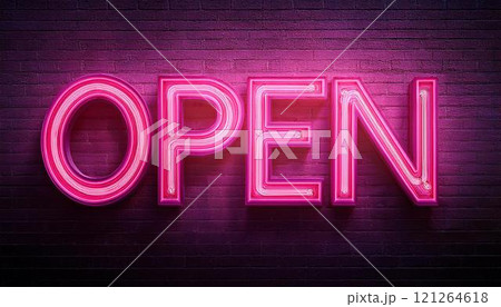 ピンク色に光るネオンサインOPEN文字看板 121264618
