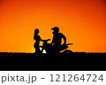 Silhouette of a girl and a man on a motorcycle.  121264724
