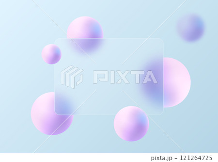 Website landing page template in glass morphism style. Frosted glass partition with floating spheres. 121264725