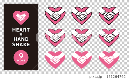 Icon set of hands shaking in a heart _ Hand and heart design _ Black line 121264762