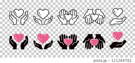 Icon set of hands holding a heart _ set of lines and silhouettes Icon set of hands holding a heart _ set of lines and silhouettes 121264782