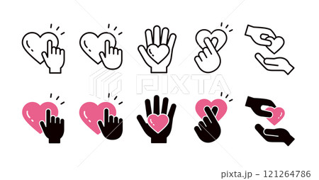 手とハートのアイコンセット＿線とシルエットのセット 121264786