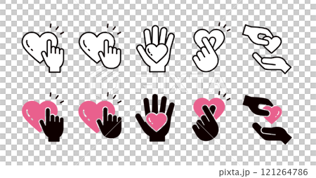 手とハートのアイコンセット＿線とシルエットのセット 121264786