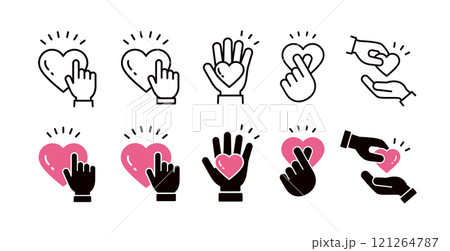 手とハートのアイコンセット＿線とシルエットのセット＿びっくり 121264787