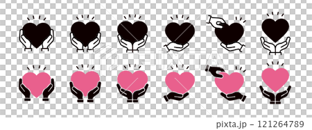 Icon set of hands holding a big heart _ Hand and heart illustration _ White space _ Surprise 121264789